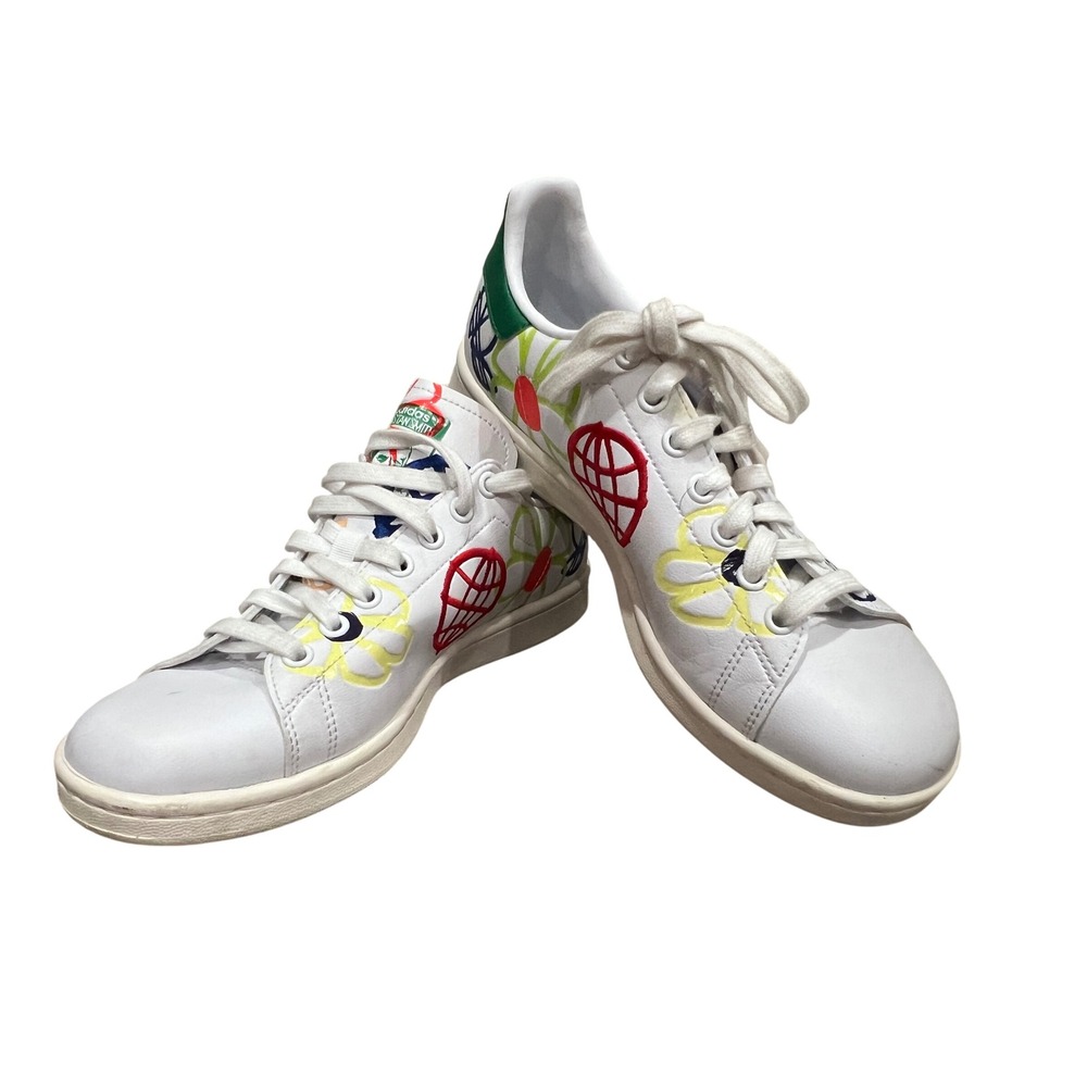 Adidas Stan Smith Sneakers Womens White Floral Graphic Sz 8 FX5653 Streetwear